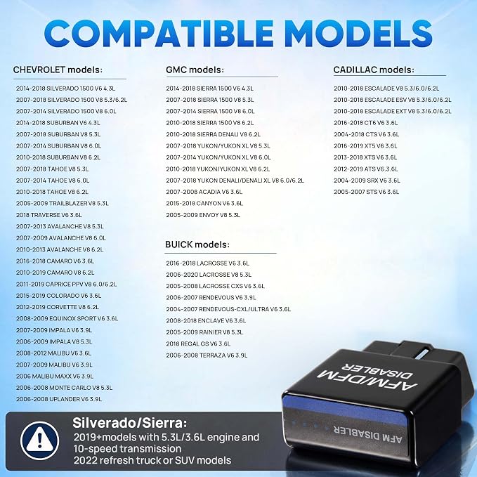 AFM/DFM Disabler Compatible with GM V6 V8 Vehicles, Plug & Play Active Fuel Management Module for Silverado Sierra Tahoe Yukon Suburban, OBD2 AFM DFM Controller