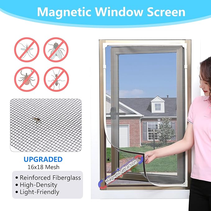 Magnetic Window Screen DIY Adjustable Window Mesh Screen Replacement Window Net Fits up to 51"x 59" White Frames with Fiberglass Mesh
