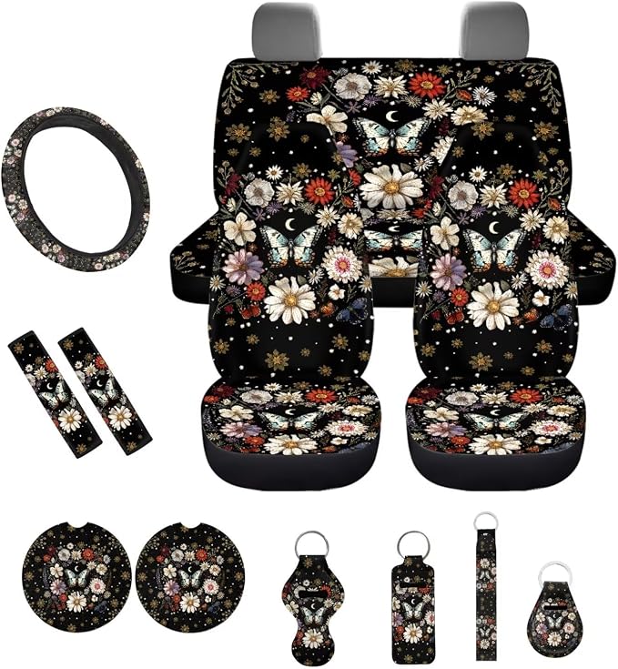 Car Accessories Car Seat Covers Full Set with Steering Wheel Covers+Seat Belt Pads+Coasters+Keychain+Lipstick Holder Universal Fit(13 Pack), Butterfly and Daisy Flowers Pattern