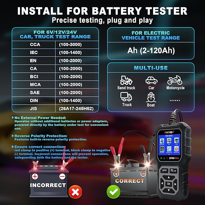 BT60 PRO Car Battery Tester 6V/12V/24V, 2–120Ah, 100–3000 CCA, AGM/Gel/Lithium, Alternator & Starter/Charging System Analyzer, QR Cloud Report (No App), Digital Checker