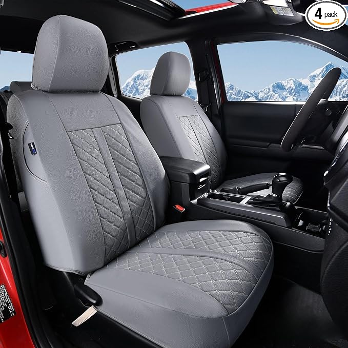 Truckiipa Custom Fit for Toyota Tacoma Seat Covers Front Leather Waterproof Car Seat Covers Fit for 2016-2023 Toyota Tacoma Double Crew Cab, Front Pair, Gray