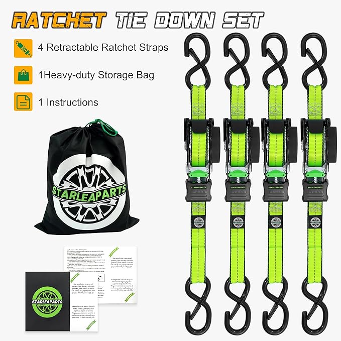 STARLEAPARTS Retractable Ratchet Straps(4PK 1.0INX12FT) - 1,500lb Break Strength, Ratchet Strap Heavy Duty with Rubber Coated Handle, Perfect Auto Ratchet Straps for Motorcycle, Kayak and Trucks
