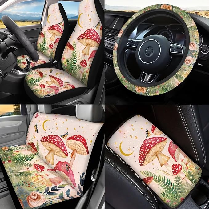 Mushroom Car Seat Covers Full Set of 17 Pcs,Starry Sky Mushroom Car Aaccessories Set with Head Rest Covers, Steering Wheel Covers,Car Trash Can with Lid Universal Auto Interior for Women