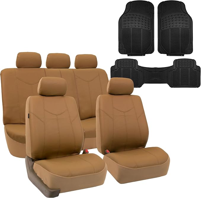FH Group Automotive Seat Cover Protector Universal Fit Full Set Rome PU Leather Beige - Airbag Compatible and Split Bench Seat Covers for Cars Trucks SUV Combo Vinyl Floor Mats Interior Accessories