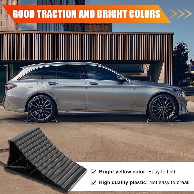 Wheel Chocks for RV Trailer, 4 Pack Non Slip Wheel Chocks for Travel Trailers with Rope for Easy Removal, Lightweight Plastic Wheel Stoppers Block for Camper Cars Trucks