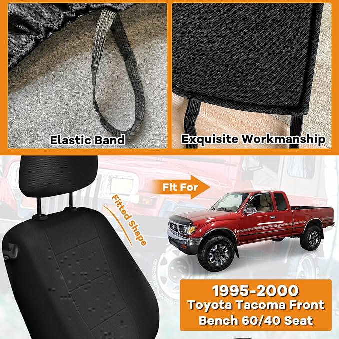 Truck Seat Cover Compatible with 1995-2000 Toyota Tacoma, Knitted Front Bench 60/40 Seat Covers with 2 Headrests and Center Console, Black