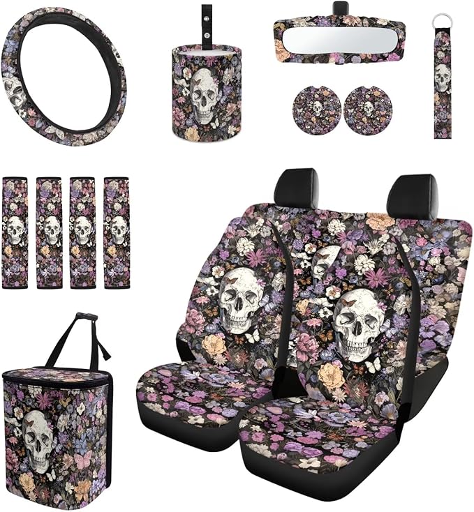 Skull Flower 15 PCS Car Seat Cover Full Set with Steering Wheel Cover Seat Belt Strap Pads Cup Coasters Trash Bag Rearview Mirror Cover Keychain Auto Interior Decor