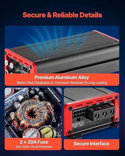 VEVOR 4 Channel Car Audio Amplifier 2 Ohm Stable Bridgeable Class D Full Range Amp Max Power 4 x 272W @ 4 Ohm / 4 x 400W @ 2 Ohm for Car SUV Truck Off-Road