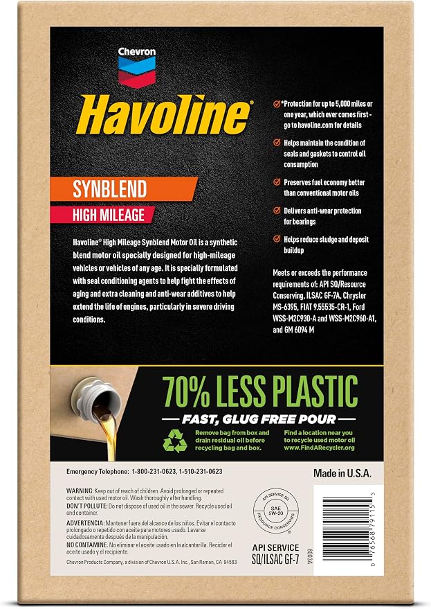 Havoline Motor Oil 5w20 High Mileage Synthetic Technology Smart Change Engine Oil, 5W-20, 6 Quarts, Pack of 1