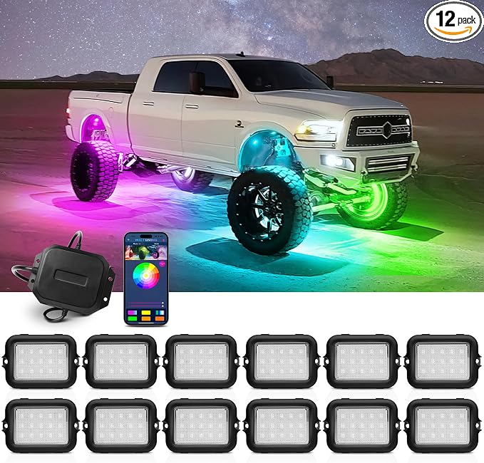 MICTUNING Y1 RGB+IC Dream Chasing Color Ultra-Bright 12 Pods LED Rock Light | Wiring Switch Kit, Extra Extension, Bluetooth APP Control, Extensible to 24 Pods, IP68 Waterproof, Series & Parallel Wiring