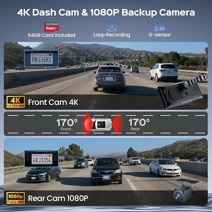 TECXERLLON 10.26" Portable Apple CarPlay Screen for Car, Wireless Car Play & Android Auto, 4K Dash Cam and 1080P Backup Camera, OTA, GPS Navigation, Voice Control, Mirror Link