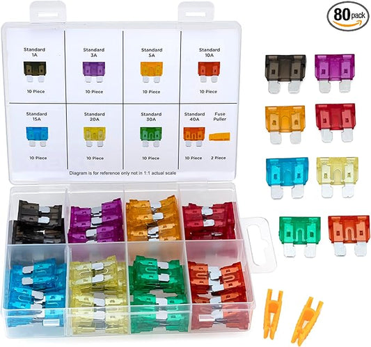 NEIKO 50504A Car Fuses Assortment Set, 80pc, Fast Acting, Auto Fuses Kit, Standard Sizes, 1A, 3A, 5A, 10A, 15A, 20A, 30A, and 40 Amp, Marine Boat, Automotive, Motorcycle, RV, Car Fuse Kit, Fuse Puller
