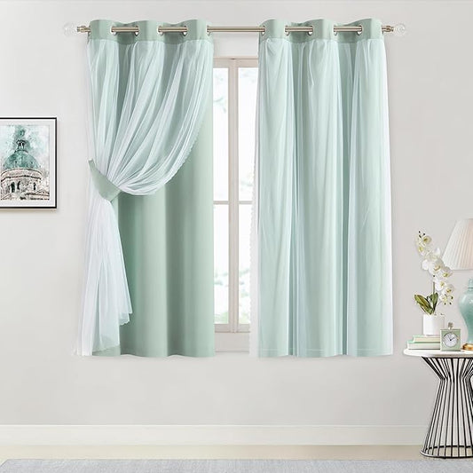 Bujasso Aqua 80% Blackout Curtains with Sheer Overlay Mix and Match Double Layer Thermal Insulated Window Panels 63 inch for Living Room Bedroom Mint Green Drapes with Tiebacks Grommet Top 37"Wx63"Lx2