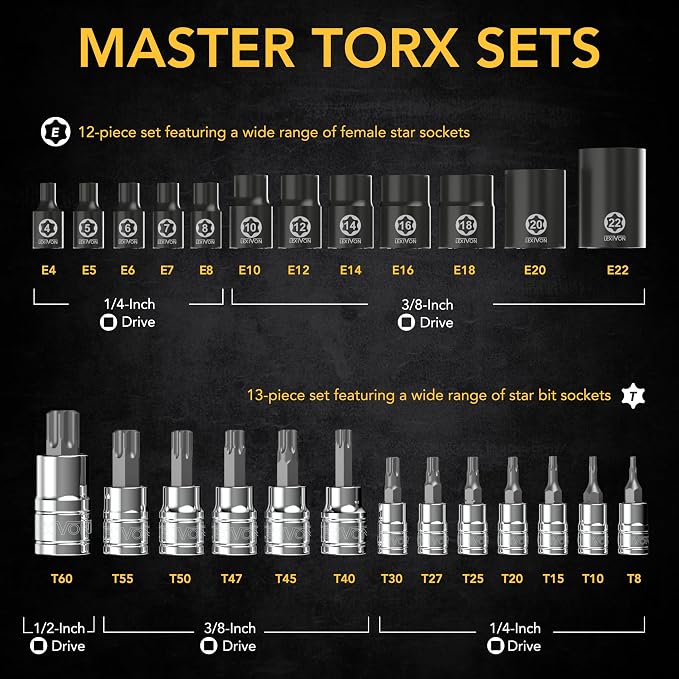 LEXIVON Premium Master HEX Bit Socket Set, Complete 32-Piece, SAE and Metric Set + Premium Master Torx Bit and Socket Set, 25-Piece, Bit Socket T8-T60 & E-Torx E4-E22