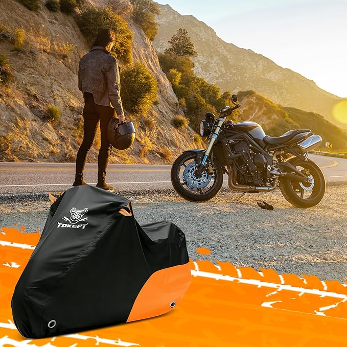 Motorcycle Cover Waterproof All Season Outdoor Protection, Fits up to 104 Inch, Compatible with Cruisers & Touring Models, with Locking Holes & Reflective Strips (Black&Orange)