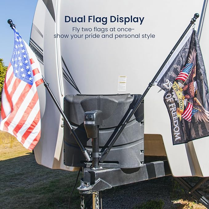 Safoner RV Dual Flag Pole Mount for Trailer Tongue Jack, Aluminum Flag Holder with Wing Screw Locking, For Flagpoles Up to 1'', Fits 2" & 2¼" Jack Tube, RV Essential Accessories