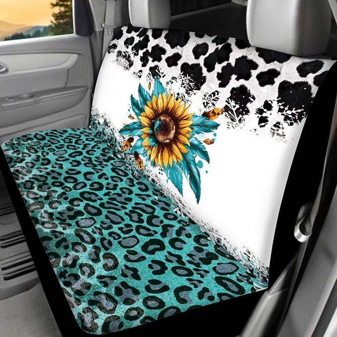 Cow Print Car Accessories Full Set for Women Man,17Pcs Sunflower Car Seat Covers Sets with Front and Split Rear Bench,Auto Front Rear Foot Carpet,Auto Seat Belt Cover,Cup Mats,Universal Fit
