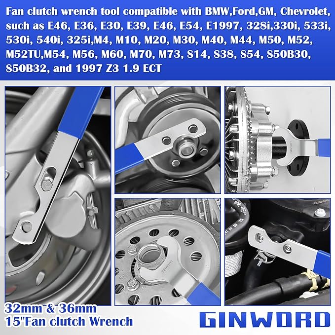 2Pcs Fan Clutch Wrench Set, 32mm & 36mm Wrenches,Water Pump Pulley Holder for Ford,BMW,GM,Chevrolet,Blue