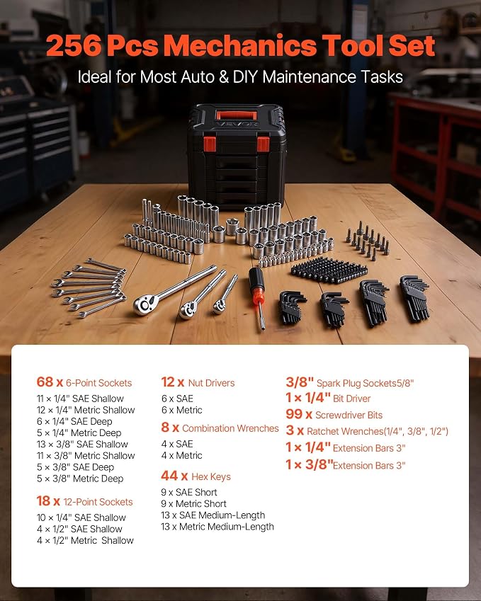 VEVOR Mechanics Tool Set, 256-Piece Mechanic Tool Kit, 1/4 in, 3/8 in, and 1/2 in Drive, SAE and Metric Socket Set, Wrenches, Screwdriver Bits, Accessories, and Storage Case, for Automotive Repair
