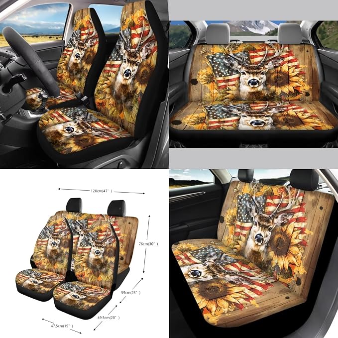 Deer Wood American Flag Print 15PCS Auto Interior Sets Sunflower Butterfly Car Front Rear Seat Covers Steering Wheel Cover Seat Belt Cover Keychain Trash Can Air Vent Storage Bag Mirror Cover