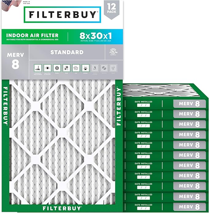 Filterbuy 8x30x1 Air Filter MERV 8 Essential Dust & Allergy Defense (12-Pack), Electrostatic Pleated HVAC AC Furnace Filters Replacement (Actual Size: 7.50 x 29.50 x 0.75)