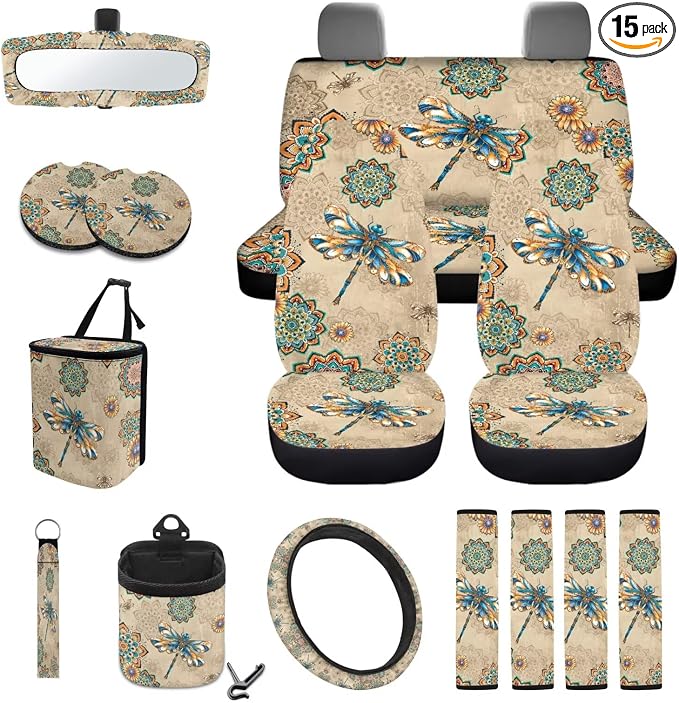 15Pcs Car Seat Cover Full Set Car Steering Wheel Cover Seat Belt Cover Trash Bin Air Vent Storage Box Front Rear View Mirror Car Cup Holder Keychain, Dragonfly Boho Mandala Beige