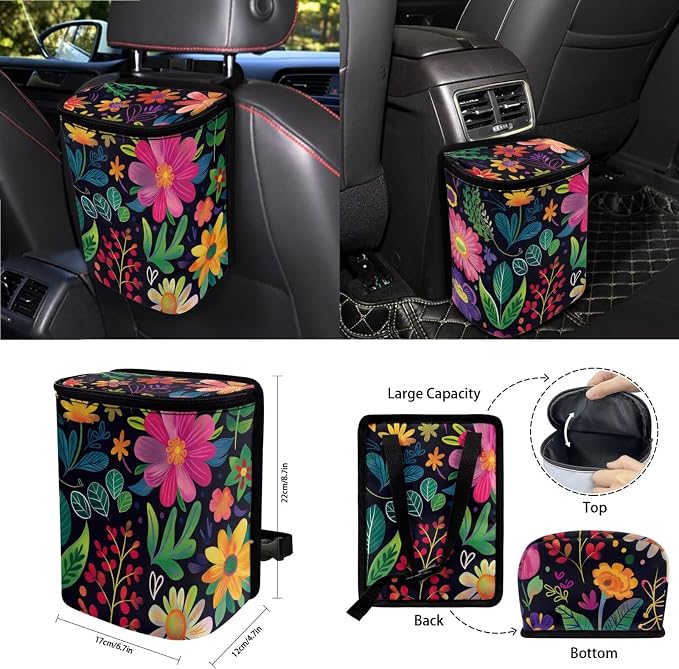 Flower Print Car Accessories Seat Covers Full Set of 15, Soft Comfy Front and Rear Seat Cover with Safety Belt Pads Steering Wheel Cover Trash Can Car Air Vent Organizer