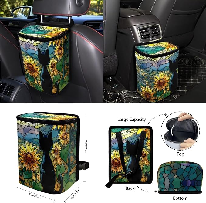 Black Cat Print Car Seat Covers Front and Back Full Set Sunflower Print High Back Bucket Seat Covers with Steering Wheel Cover Rearview Mirror Cover Safety Belt Pads Trash Can