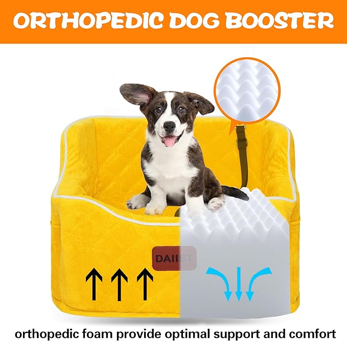 Dog Car Seat for Small Medium Dogs, Detachable Washable Dogs Booster Seat Under 35lbs, Elevated Dog Car Bed with Storage Pockets (Yellow, One Size)