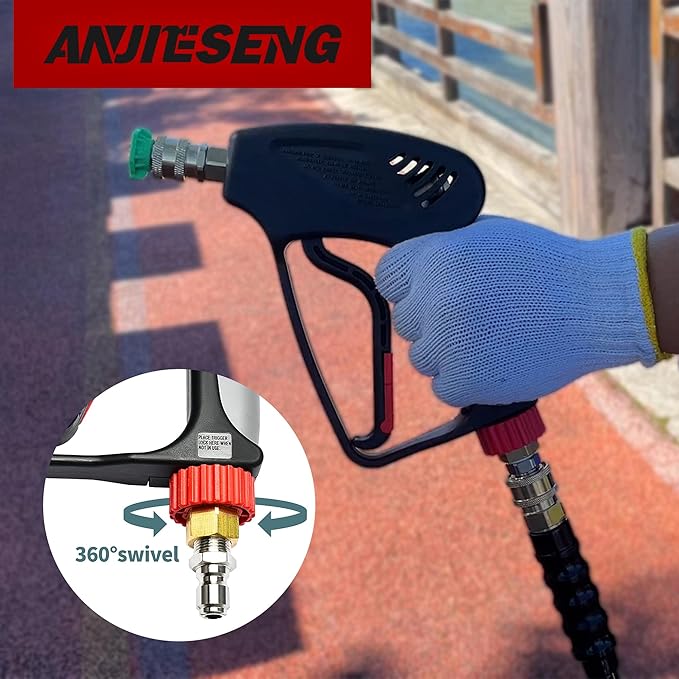 Stubby Pressure Washer Gun with 360° Swivel, 5000 PSI Short Power Washer Gun, 3/8" Quick Connect & M22-14 Fitting, Pressure Washer Spray Gun for Foam Cannon, Car Washing & Detailing