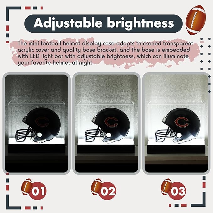 Chunful Acrylic Mini Helmet Display Case with LED Light 7.5 Inch Clear Adjustable Brightness 1/2 Football Baseball Helmet Showcase One-Piece Without Assembly UV Protection Gift for Sports Enthusiast
