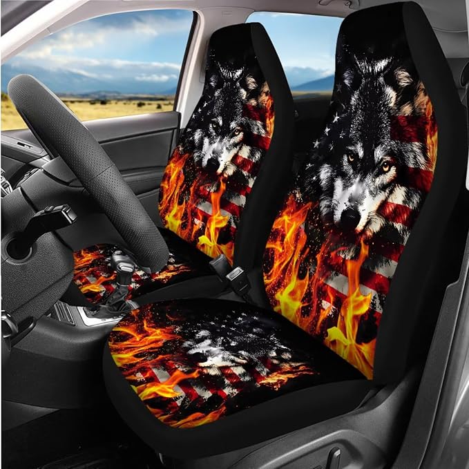 USA Flag Flame Wolf Print Car Interior Accessories Set of 8, Car Seat Covers, Auto Steering Wheel Cover, Auto Center Console Pad, Seat Belt Pads, Universal Fit Cars SUVs Trucks