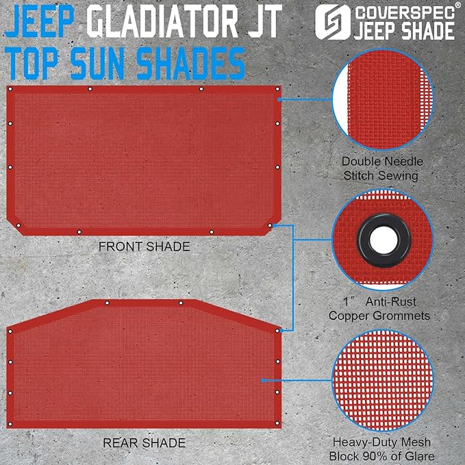 JT Top Sun Shade Roof Compatible with Jeep Gladiator 4 Door 2018 to 2023 Sunshade Sunroof Bikini Cover Blocks UV Wind Noise Cherry Red Mesh for Front and Rear 2 pcs