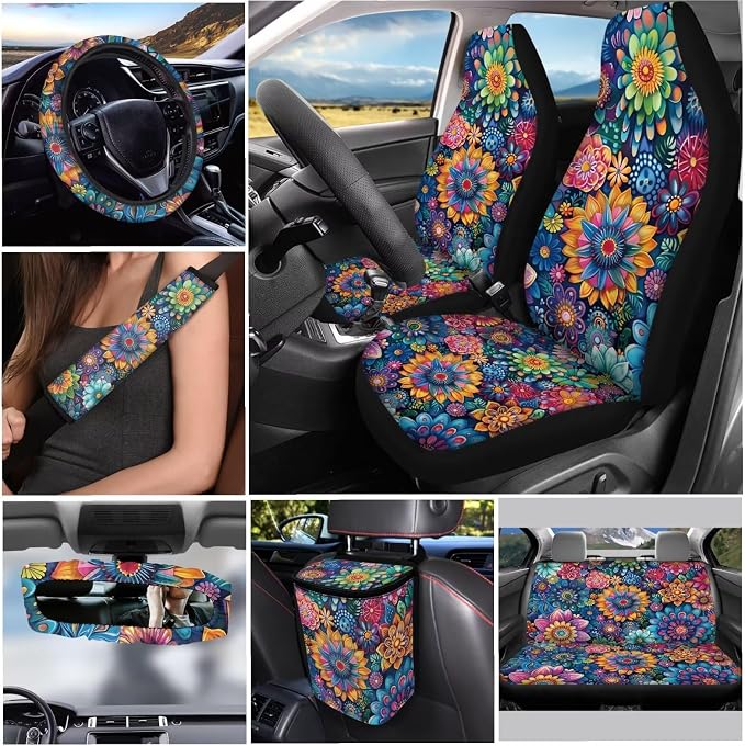 Hippie Flowers 12 Pack Car Seat Covers Sets Steering Wheel Accessories Car Seat Belt Cover Rear View Mirror Cover Trash Bin Car Coasters Wristlet Keychain Chapstick Holder