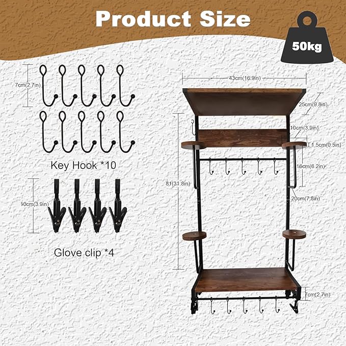 Motorcycle Helmet Holder Wall Mounted Motorcycle Gear Helmet Hook Rack Storage Helmet Hanger Display Stand Football Helmet Wall Mount with 2 Layer Wooden Boards and 4 Hat 14 Accesorios(Upgraded)