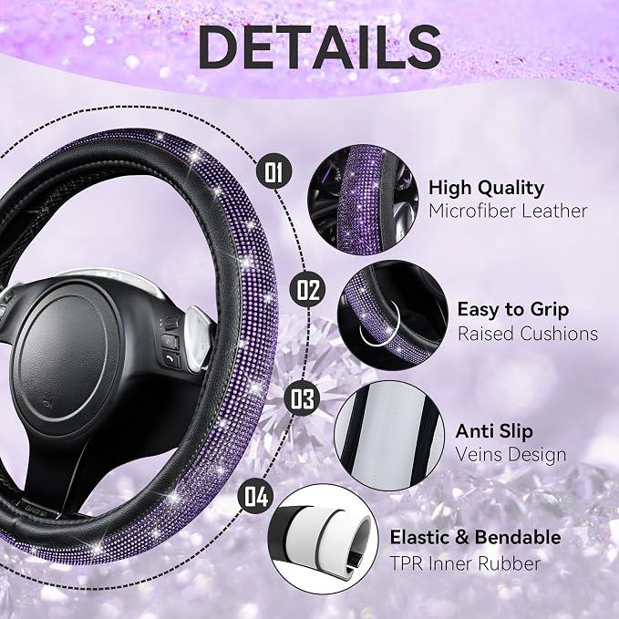 CAR PASS Diamond Bling Leather Seat Covers Set Car Floor Mats Glitter Rhinestone Steering Wheel and Car Interior Accessory Set for Women Purple Violet