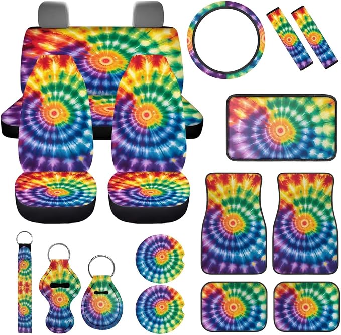 Tie Dye Car Cover Seats Full Set with Vehicle Front Rear Carpets Mats Seat Belt Cover Pad Steering Wheel Cover Lipstick Holder Keychain Rainbow Tie Dye Car Accessories Set 17Pcs for Women Man