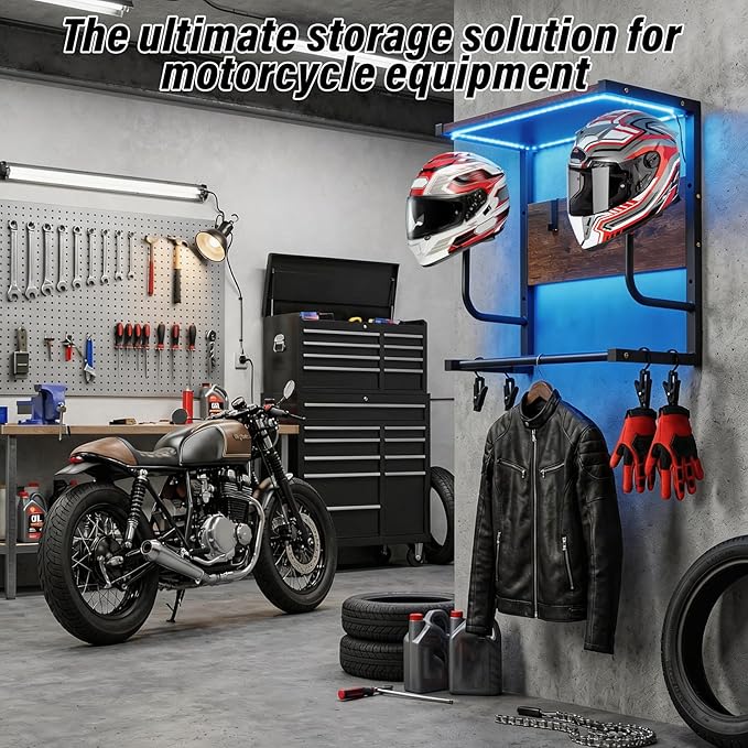Motorcycle Helmet Rack Wall Mount with Light, Black & Steel Motorcycle Helmet Rack with RGB Light, Waterproof Heavy Duty Helmet Display Shelf for Jackets, Gear & Motorcycle Accessories Storage
