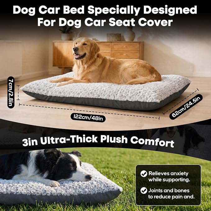 Loiion Dog Car Bed with Removable Washable Cover, 48x24.5in | Non Slip Travel Dog Bed, Waterproof Dog Bed Car Seat Fits SUVs Sedans Trucks, Machine Washable Cover With Zipper, 3in