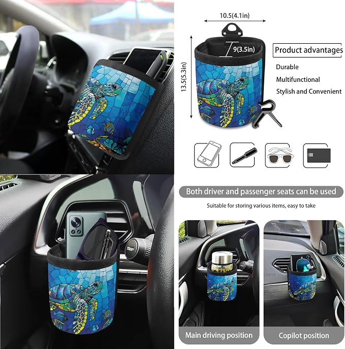 Turtle Coral Glass Print 15 Pack Car Accessories Set Car Seat Covers Steering Wheel Cover Seatbelt Strap Pad Garbage Cans Air Vent Storage Holder Rearview Mirror Cover Coasters Keychain
