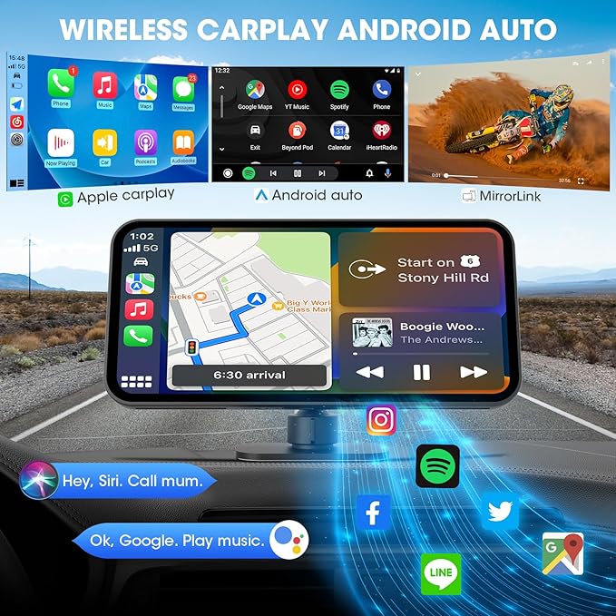 Dash Cam Portable CarPlay Stereo - Wireless Android Auto Car Screen - 6.25" IPS Display 4K Full HD Car DVR Loop Recording 1080P Backup Camera AirPlay Bluetooth GPS Navigation Voice Control