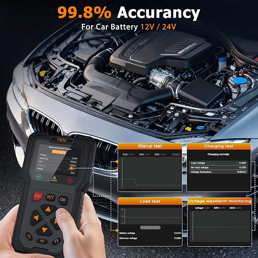 OBD2 Scanner and Battery Tester, 2-in-1 Car Diagnostic Tool, Check Engine Code Reader, 12V Battery Analyzer, Relay Tester, Fuel Injector Tester for Heavy Duty Truck, T400
