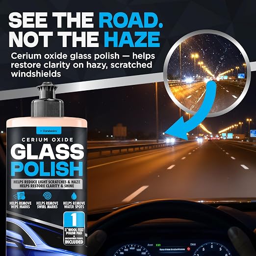Durabasics Cerium Oxide Glass Polish – Glass Scratch Remover for Light Scratches, Haze & Wiper Marks on Windshields – Glass Polishing Compound with 3” Wool Felt Pad Kit – 16oz