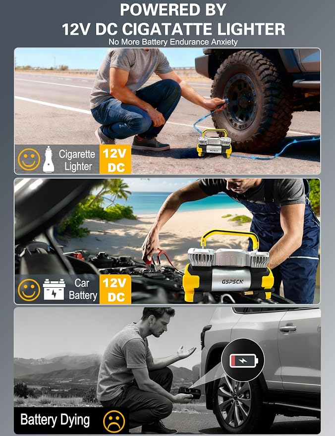 GSPSCN Digital Tire Inflator 12V Heavy Duty Metal Portable Air Compressor | 6X Faster Inflation Auto Shut-off Dual Cylinder Air Pump 150PSI LED Light w/Pencil Pressure Gauge for Car,Pickup,SUV,RV,Balls