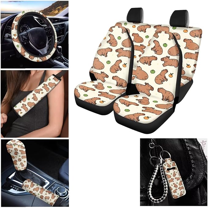 Car Seat Cover Split Covers Full Set for Women Cute Capybara Car Steering Wheel Cover Seatbelt Strap Shoulder Cover Keychains Gear Shift Cover and 2Pcs Cup Holder Coasters Cartoon Seats