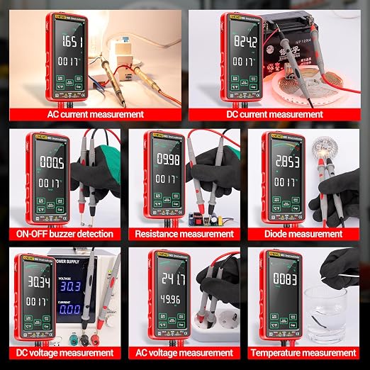 Smart Multimeter, Digital Multimeter Tester with Touch Screen 6000 Counts Auto Ranging Rechargeable A Reverse Display NCV Tester with Flashlight for Electricians, DIY (Red)