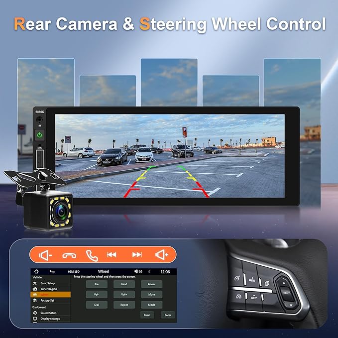 Single Din Car Stereo Wireless Carplay Car Radio Bluetooth 5.0, Rimoody 6.86" Touchscreen Android Auto Mirror Link 2-USB FM EQ/SWC/MIC Car Audio Receiver with Backup Camera