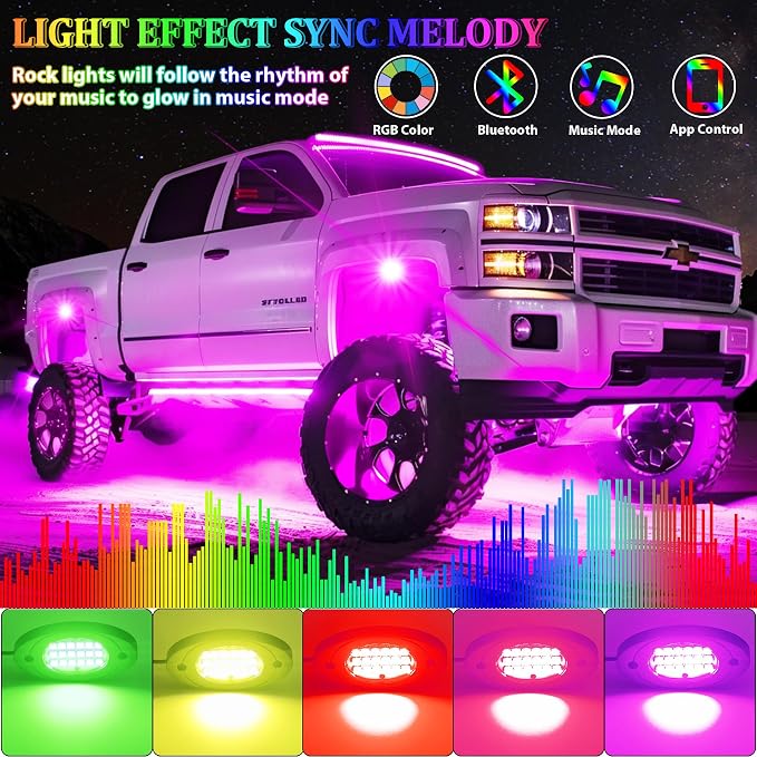 4 Pods RGB LED Rock Lights, Underglow Multicolor Neon Light Kit, Wheel Well Light with APP Control & Music Mode, Under Glow Lights for Trucks,Jeep,SUV,Golf Cart,ATV,Pickup Off Road,12V