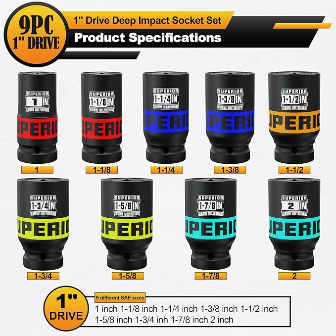 9 Piece 1" Drive Deep Impact Socket Set, 1" - 2" Jumbo Socket, SAE, 6-Point, Heavy Duty CR-MO, Truck Tire Service, Mechanical Equipment Maintance