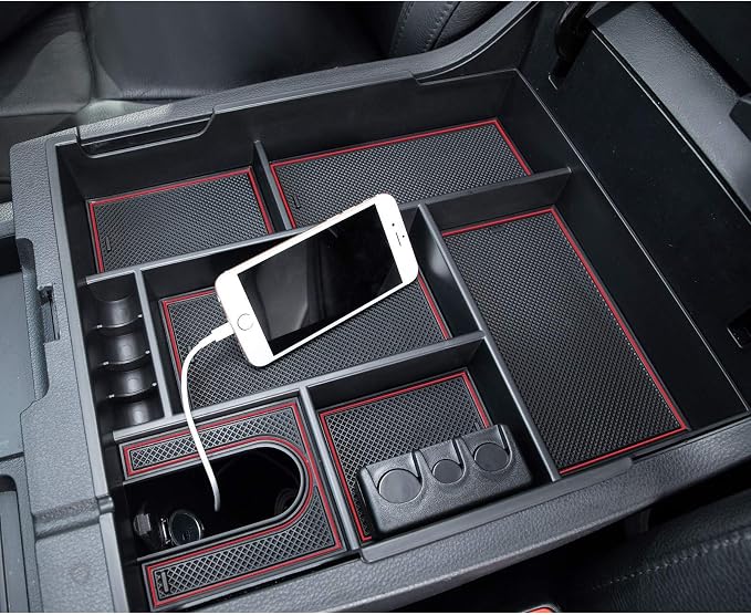 JDMCAR Full Center Console Tray (Red Trim) and Dashboard Organizer Compatible with Toyota Tundra 2014-2021